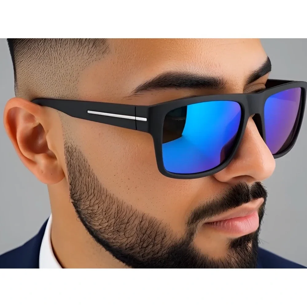 Square Frame Sunglasses Men Polarized Driving Sun Glasses Black Blue Lens Lentes
